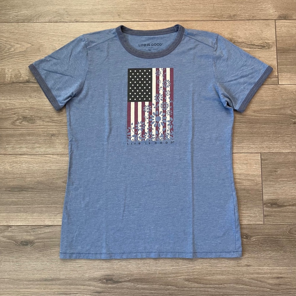 Life is Good Womens Cool Tee Heather Blue Floral American Flag Ringer Shirt M